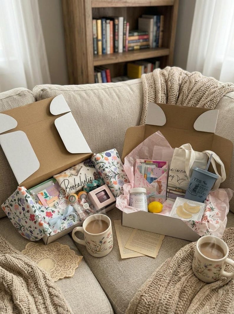 Puede incluir: Dos cajas de suscripci&oacute;n abiertas llenas de regalos, que incluyen una bolsa con estampado floral, una taza con dise&ntilde;o floral y una bolsa de mano. Las cajas est&aacute;n sobre un sof&aacute; beige con una manta de punto y una estanter&iacute;a al fondo.