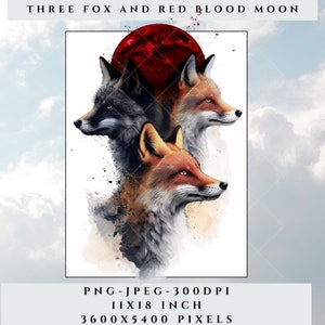 Drei Fuchs Mond, 3 Fuchs Rot Blut Mond PNG Sublimationsgrafik - Fuchs Pack Shirt, Wildtier Fuchsjagd Kunstdrucke, Sublimationsdesign, Printable.