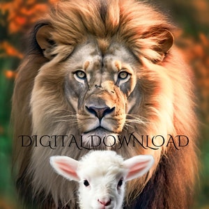 Lion and the lamb, DIGITAL DOWNLOAD, Tribe Of Judah, lion, lamb, Christ, Jesus, King, Bible, Orange, Green, Lion and Lamb, Print, Religion