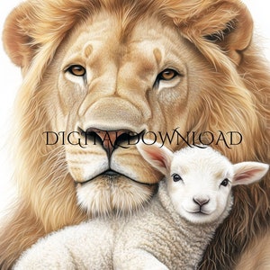 Löwe und Lamm ruhige druckbare Kunst - majestätische und sanfte Tierwanddekoration, friedliches Kinderzimmer-Löwen-von-Judah-Digital-Download-Poster.