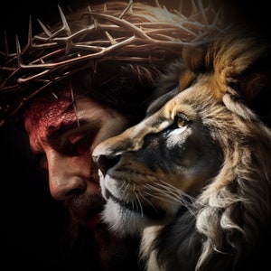 Lion and the lamb, DIGITAL DOWNLOAD Jesus Christ Lord And the Lion, Crowned with Thorns, Spiritual, Salvation. Christian Religion, Bible.