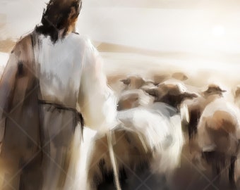 Impression aquarelle de Jésus le Bon Pasteur : oeuvre d'art murale chrétienne (téléchargement numérique)
