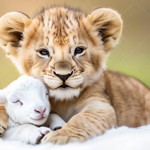 Lion and Lamb Baby Nursery Wall Art, Baby Lion Cub of Judah Religious Printable Decor, Digital Download, Christian Baby Room Faith-Based Art