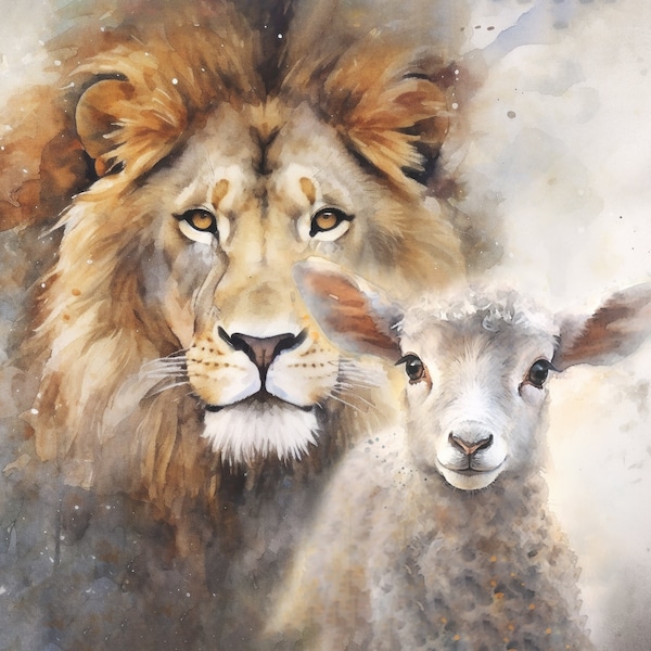 Lion and the lamb, Watercolor, DIGITAL DOWNLOAD, lion, lamb, Christ, Jesus, God, Prophecy, Bible, King, Genesis, Christianity, spiritual,