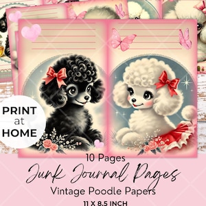 Vintage poedel digitale ongewenste dagboekpagina&#39;s afdrukbaar briefpapier DIY crafting scrapbooking huisdier dagboeken en creatieve retro themaprojecten