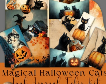 May include: A digital printable junk journal folio kit with 12 full pages featuring black and white cats, pumpkins, and Halloween themes. The kit includes a variety of images, including a witch, a cat with a pumpkin, and a cat with a bat. The text "Magical Halloween Cats Junk Journal Folio Kit" is printed on the front of the kit. The kit is 11 x 8.5 inches and 3000 pixels per inch.