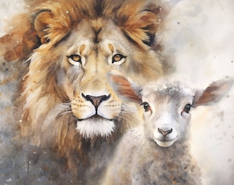 Lion and the lamb, Watercolor, DIGITAL DOWNLOAD, lion, lamb, Christ, Jesus, God, Prophecy, Bible, King, Genesis, Christianity, Judah