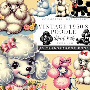 Vintage Poodle Clipart PNG Pack - Retro 1950s Dog Graphics - French Poodle Digital Art - Printable for Sublimation, Crafts, and DIY Projects