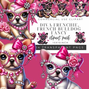 Diva Frenchie French Bulldog Fancy Clipart Pack Glamorous Puppy Dog PNG Arte digitale, fiocchi rosa, gioielli per artigianato Sublimazione, progetti fai da te,