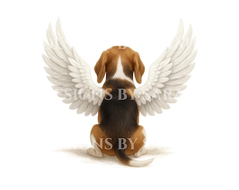Puede incluir: Ilustración digital de un perro beagle con alas de ángel blancas, visto desde atrás. El perro es marrón, negro y blanco, sentado sobre sus cuartos traseros. Las alas son grandes y blancas, con plumas detalladas. El fondo es blanco.
