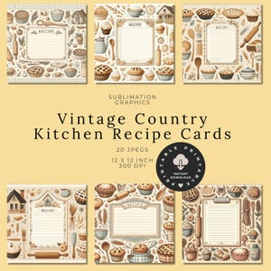 Cartes de recettes de cuisine de campagne rustique - Cartes de recettes de style vintage à imprimer pour des recettes de famille, une décoration de ferme, des albums de recettes, des journaux indésirables