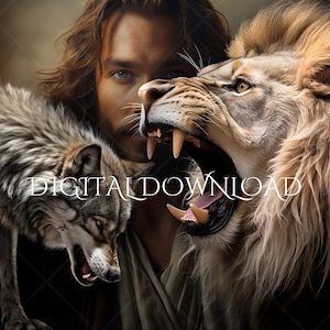 Jesus Christ, Lion Of Judah & Wolf, DIGITAL DOWNLOAD, Biblical Story, Representing the Eternal Struggle of Good vs Evil Printable Wall Art