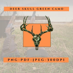May include: Green camouflage deer skull with antlers on an orange background.  PNG-PDF-JPEG-300DPI