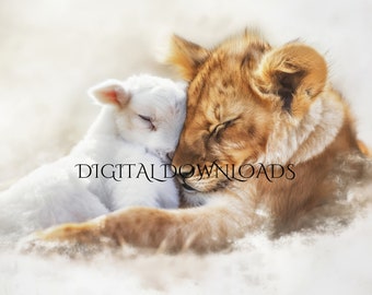 Lion and Lamb Watercolor Print: Peaceful Nursery Art (Digital Download)