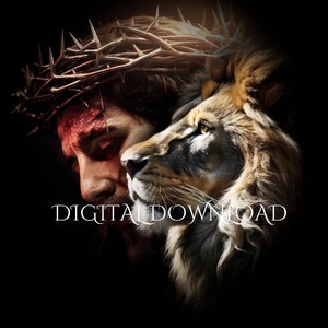 Lion and the lamb, DIGITAL DOWNLOAD Jesus Christ  And the Lion Of Judah, Crowned with Thorns, Spiritual, Salvation. Printable Wall Art.