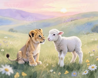 Baby leeuw en lam kinderkamer print: christelijke pastel muurkunst (digitale download)