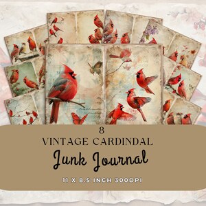 Papiers vintage Cardinal Red Bird Junk Journal, 8 belles pages imprimables, pour le scrapbooking, les travaux manuels et la fabrication de cartes - téléchargement numérique