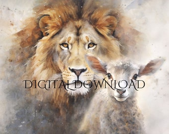 Lion and Lamb Watercolor Print: Christian Bible Art (Digital Download)