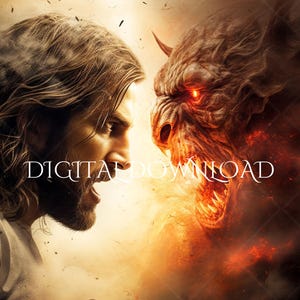 Puede incluir: Una imagen de arte digital dramática de un hombre con cabello largo castaño y barba frente a un demonio de ojos rojos y colmillos con llamas detrás.