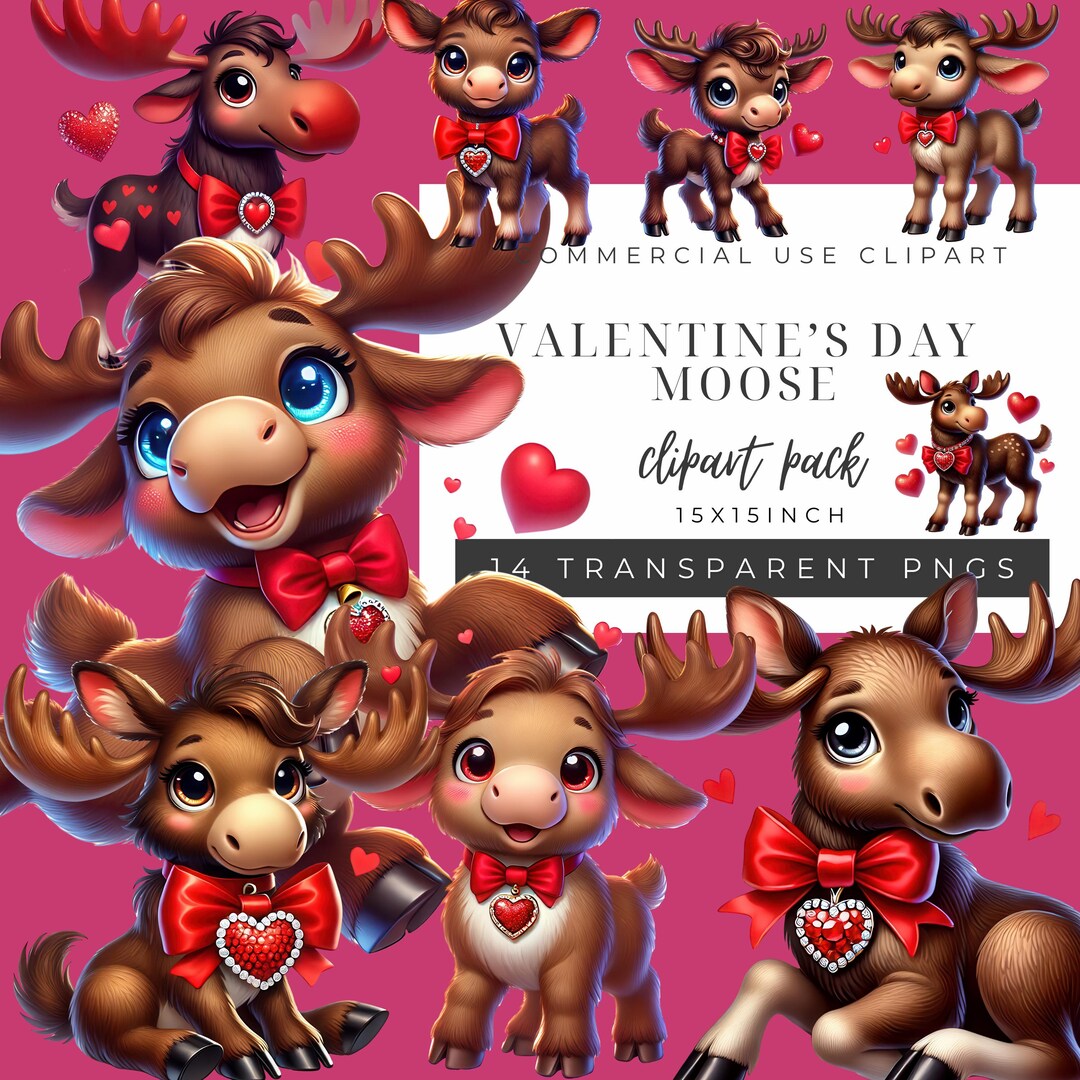 Valentine's Day Moose Clipart Pack Romantic Cute Digital Art With ...