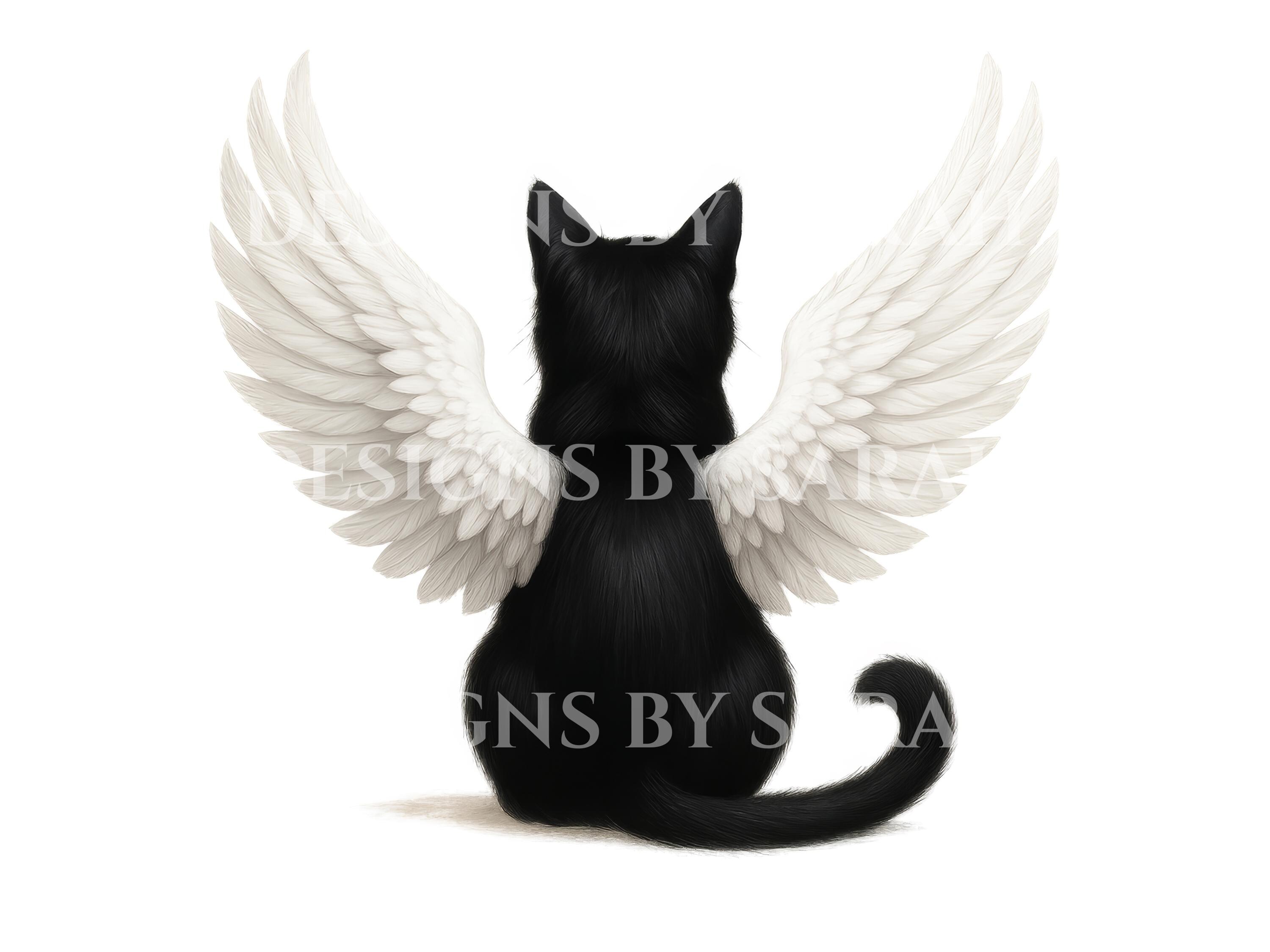Black Cat Angel Wings Memorial Art: Pet Loss Sympathy Gift