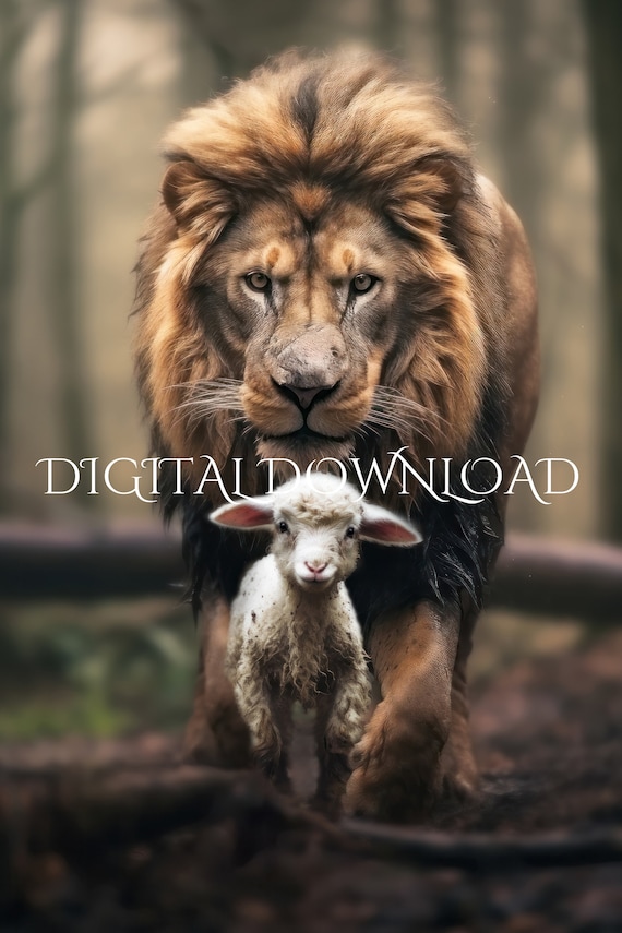 Divine Protection Lion and Lamb Art Print Majestic Lion Of Judah Carrying Innocent Lamb Spiritual Wall Decor Religious Digital Download