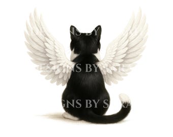 Ryta Original ACEO Art Print - Tuxedo Cat Angel Rainbow Bridge - Whimsical Folk Art 2.5x3.5