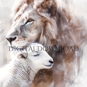 Lion and Lamb Watercolor Inspired Printable Art – Spiritual Wall Decor, Rustic White Worship Print, Lion Of Judah Instant Digital Download.