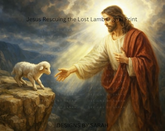迷える子羊を救うために手を伸ばすイエスの印刷可能な壁アート