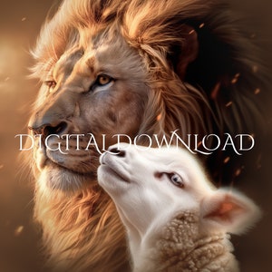Golden Lion and Lamb Printable Wall Art - Lion of Judah Embrace, Inspirational Christian Decor, Spiritual Print, Religious Digital Download