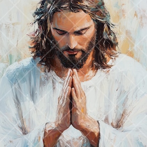 Jesus in Prayer Inspirational Wall Art, Faith-Based Printable Christian Decor, Spiritual Art of Jesus for Home, Office, or Religious Spaces.