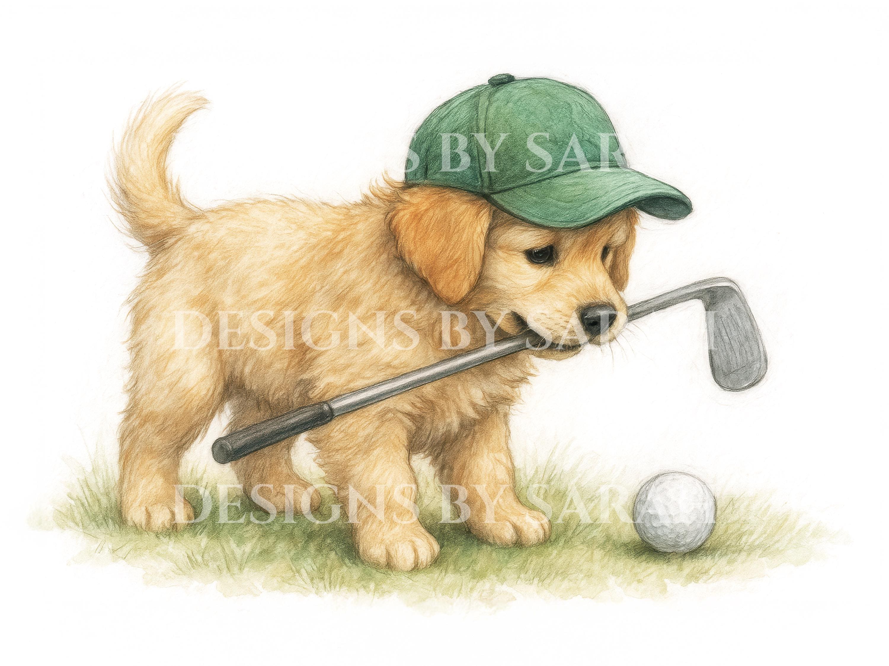 Golden Retriever Dog Golfer Puppy Print: Nursery Sports Decor