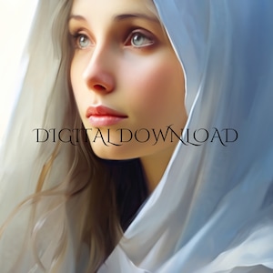 Blessed Mother Mary Portrait - Spiritual Digital Art Download, Serene Religious Wall Decor, Perfect for Home Sanctuary or Church Display.