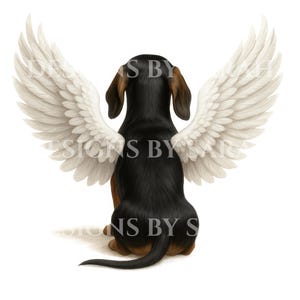 Dachshund with Angel Wings Memorial Art Print, Short-Haired Black Dachshund Pet Loss Wall Art Print, Rainbow Bridge Tribute Printable Poster