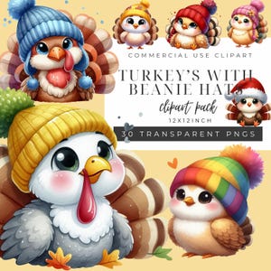 Adorável Peru Pássaro Clipart - Conjunto PNG Digital de Ação de Graças - Perus em Gorros - Artesanato para impressão, sublimação, designs de scrapbooking,