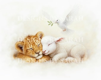 Leeuw en lam kinderkamerprint: christelijke babykameraquarel (digitale download)