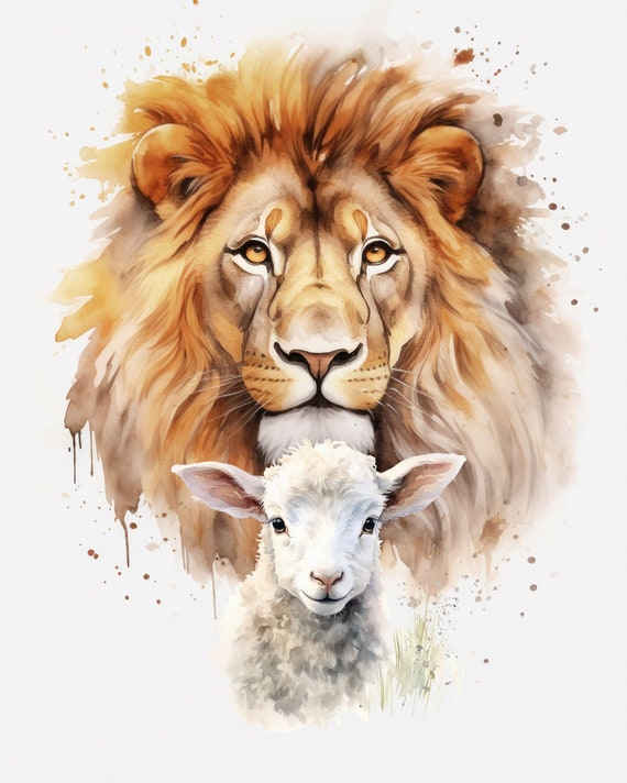 Lion and the Lamb Watercolor DIGITAL DOWNLOAD Lion Lamb