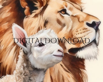 Lion and Lamb Watercolor Art Print: Vintage Christian Decor (Digital Download)