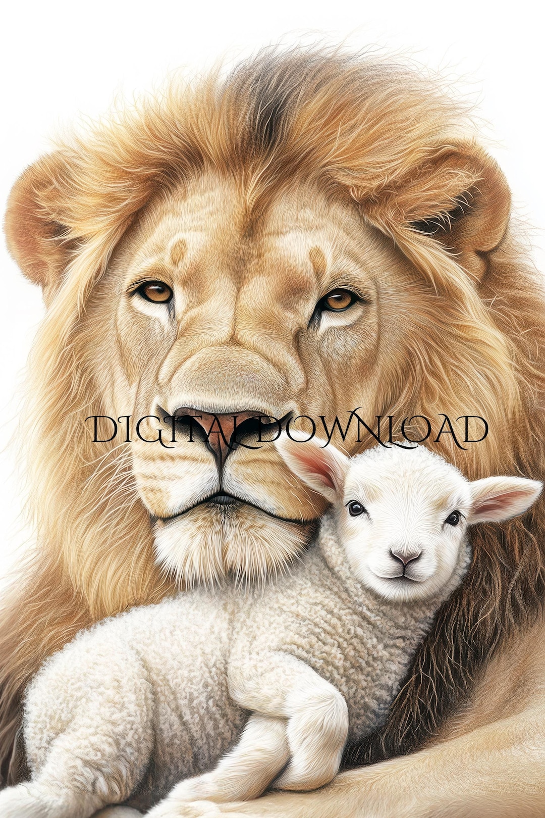 ライオンと子羊の保育園アート：穏やかな動物の印刷物（デジタル