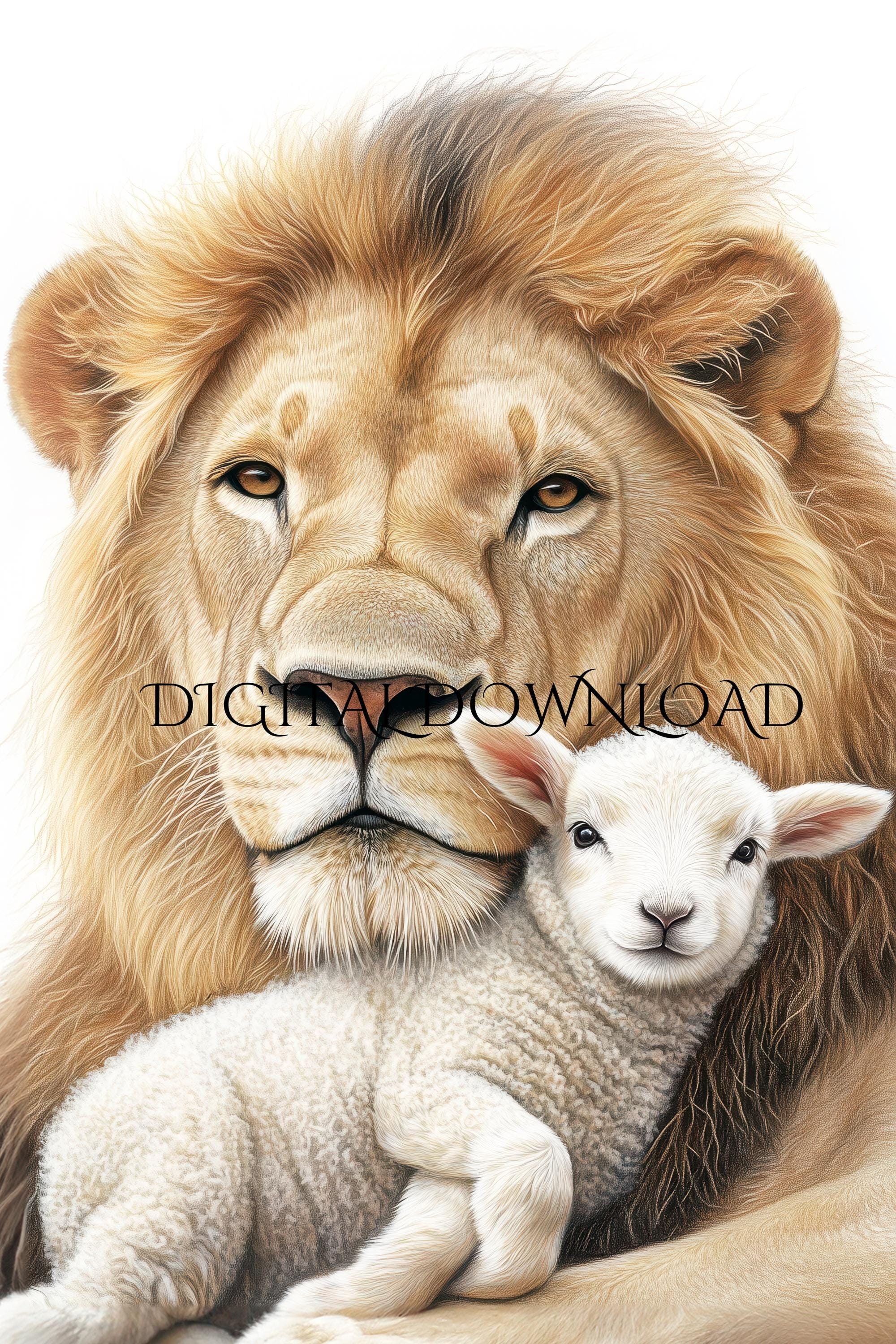 ライオンと子羊の保育園アート：穏やかな動物の印刷物（デジタル