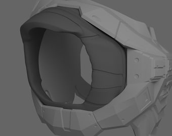 May include: A gray 3D model of a helmet with a large, open visor. The helmet has a textured, geometric design.