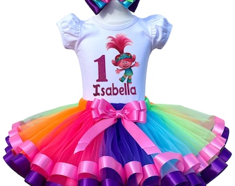 Poppy Birthday Outfit-Poppy Tutu Set-Baby Girl Princess Poppy Costume-Princess Poppy Dress-Rainbow Trolls Birthday Outfit