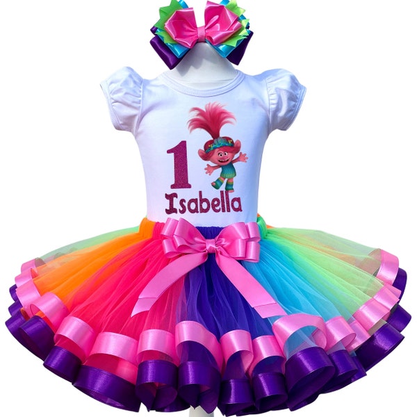 Poppy Birthday Outfit-Poppy Tutu Set-Baby Girl Princess Poppy Costume-Princess Poppy Dress-Rainbow Trolls Birthday Outfit