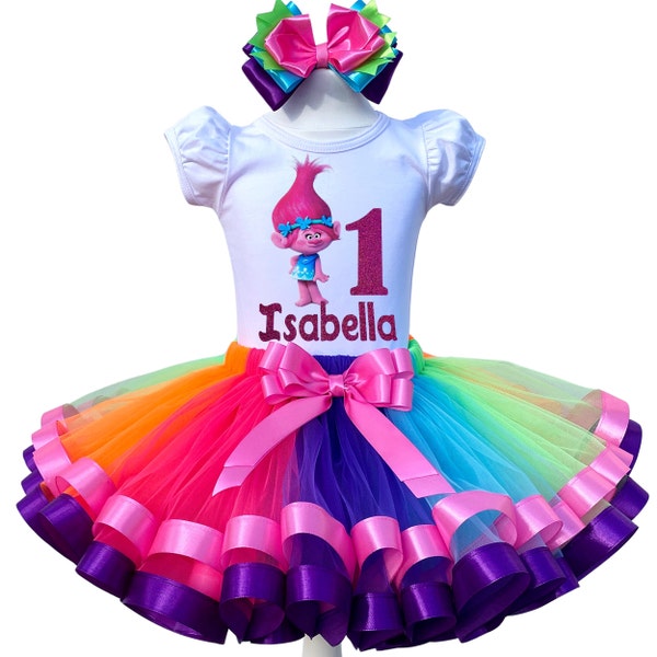 Poppy Birthday Outfit-Poppy Tutu Set-Baby Girl Princess Poppy Costume-Princess Poppy Dress-Rainbow Trolls Birthday Outfit