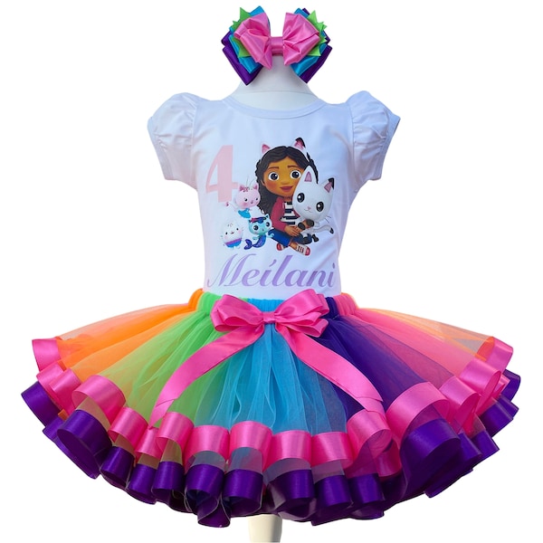 Rainbow Gabby Birthday Outfit-Rainbow Gabby Girl Tutu Set-Cakey Birthday Party Dress-Gabby Tutu Set-Rainbow Cakey Cat Birthday Party Dress