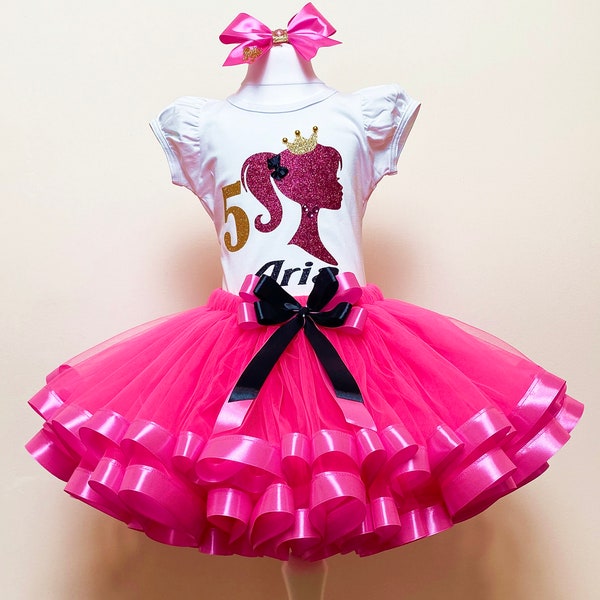 Doll Girls Dress- Hot Pink Girl Tutu Costume-Doll Tutu Set-Hot Pink and Black Girls Birthday Tutu Set-Cake Smash Outfit Girl