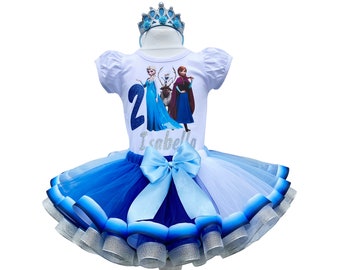 Birthday Tutu Outfit-Princess Girls Tutu Set Tutu Dress Birthday Party Tutu Costume-Blue Silver Birthday Elsa Girls Party Outfit