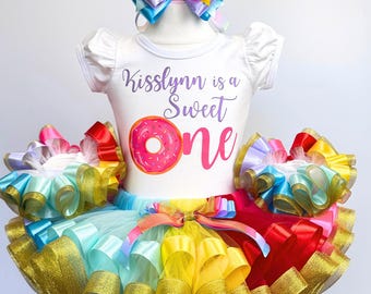 One Sweet Donut Birthday Girls Outfit: Personalized Two Tutu Set