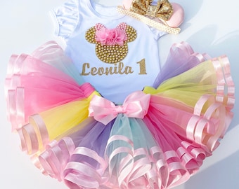 Personalized Minnie Rainbow Birthday Outfit: Baby Girl 1st Birthday Set