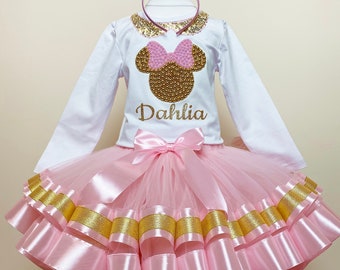 Minnie Personalized Baby Girl 1st Birthday Outfit: Pink & Gold Tutu Set
